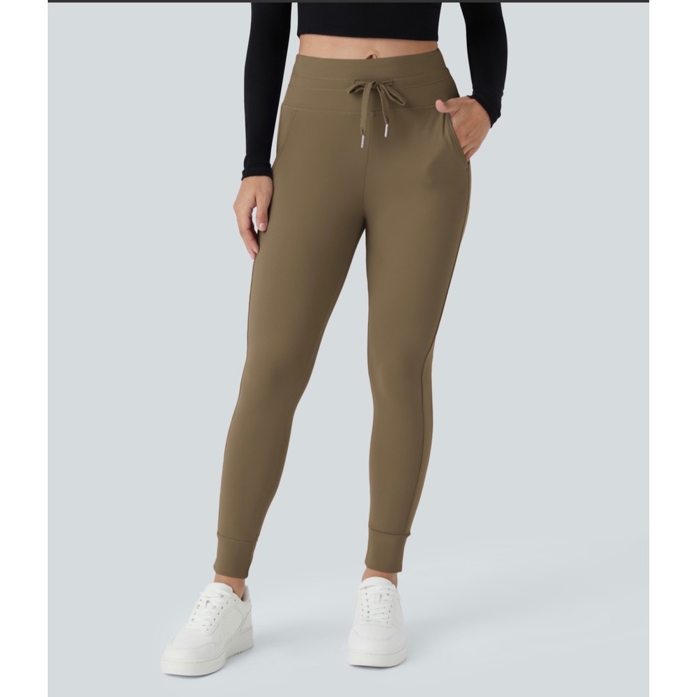 Halara Joggers Women Large Petite Chestnut Brown High Waisted Drawstring Pockets
